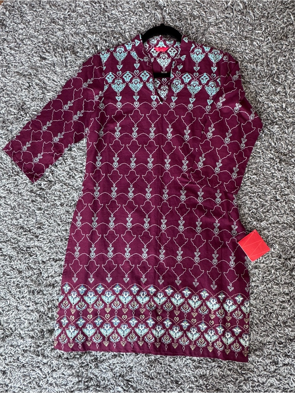 Women's Burgundy Long-Sleeve Printed Tunic Dress